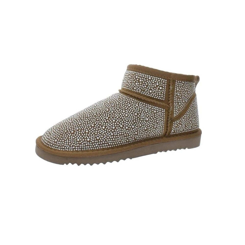 INC Womens 9 M Tan Bling Rhinestone Embellished Faux Fur Flat Booties NIB TH3